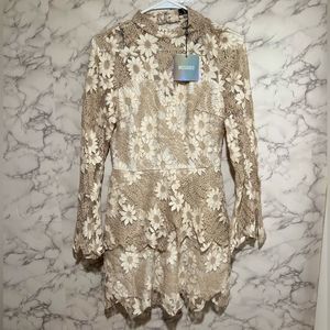 Misguided Lace + Floral Light Taupe Open Back Mini Dress
